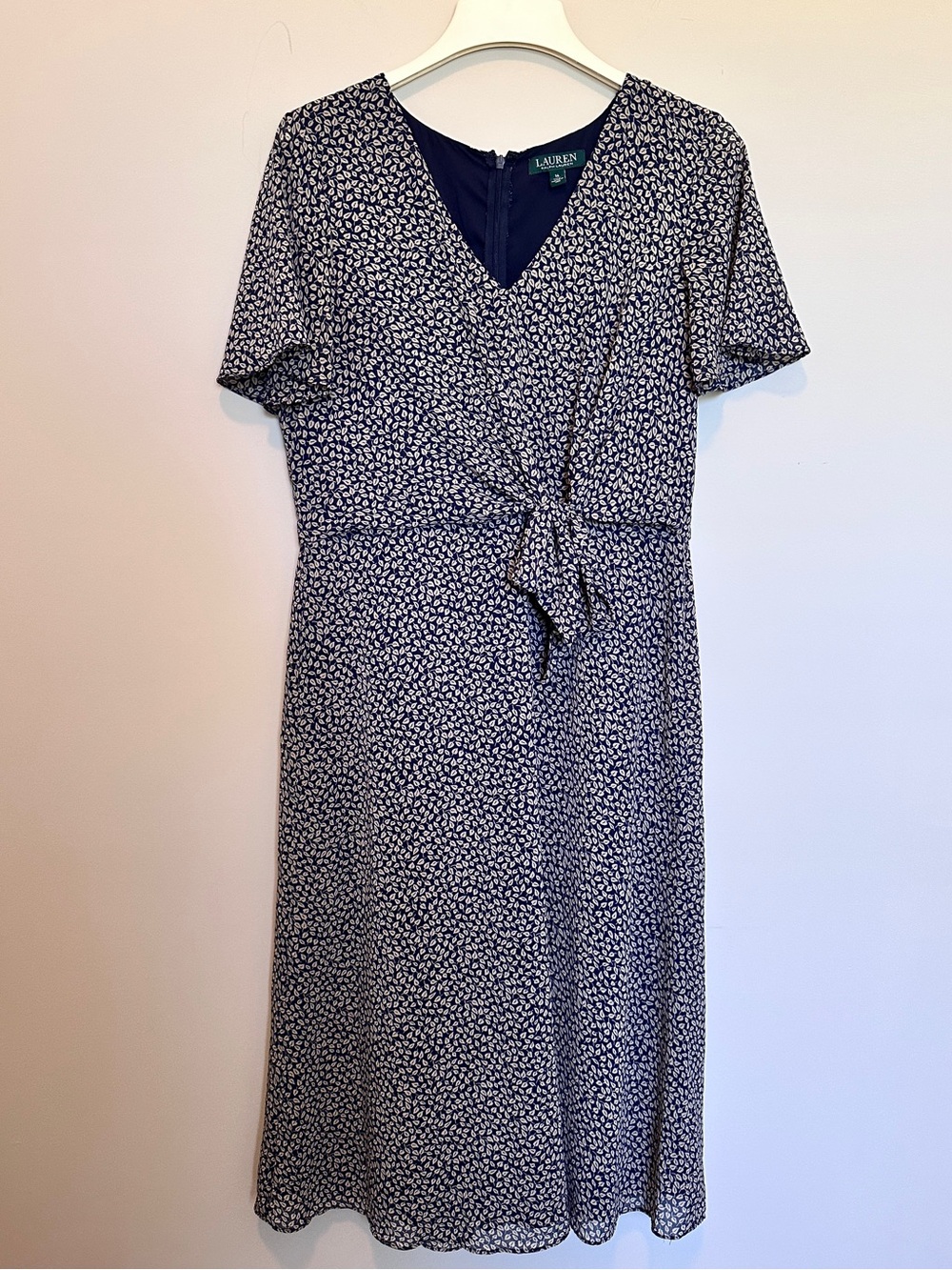 Lauren Ralph Lauren Navy and White Floral Tie-Waist Midi Dress